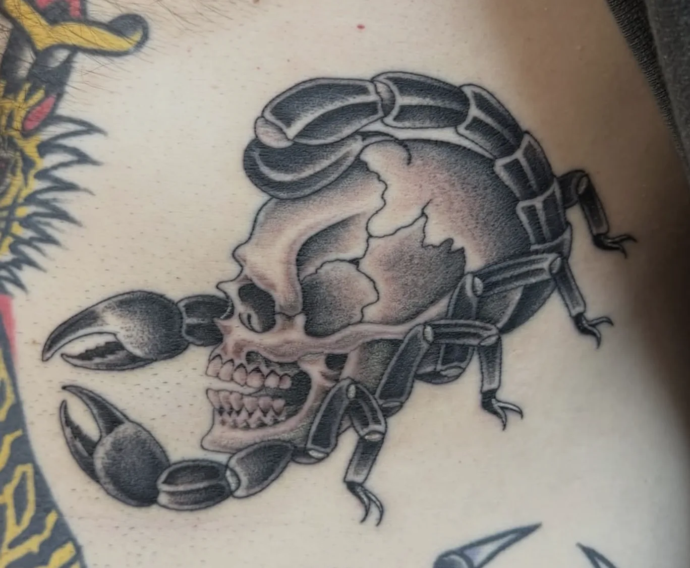 Scorpion tattoo with a human skull in place of its body