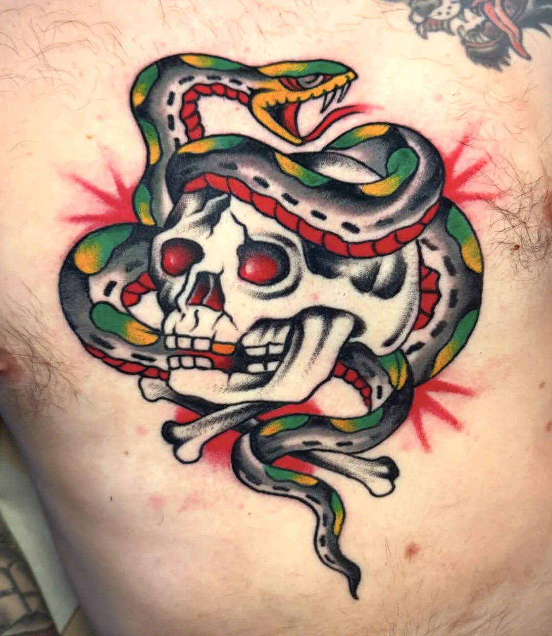 Traditional skull and crossbones tattoo wrapped in a coiled snake