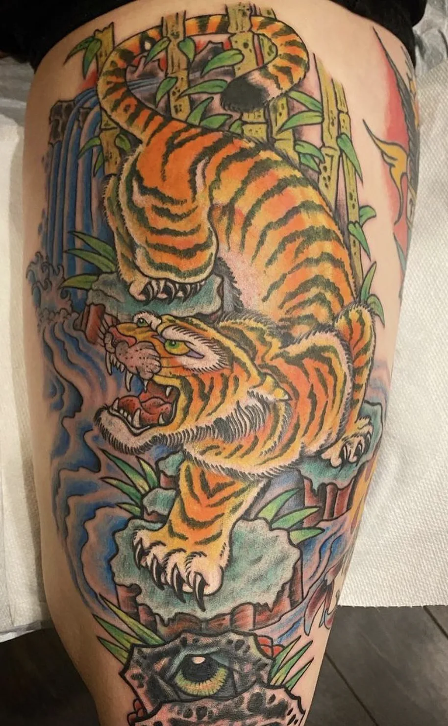 Roaring tiger prowling past bamboo and a waterfall